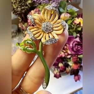 1980s Nolan Miller Peach Enameled & Rhinestone Floral Brooch